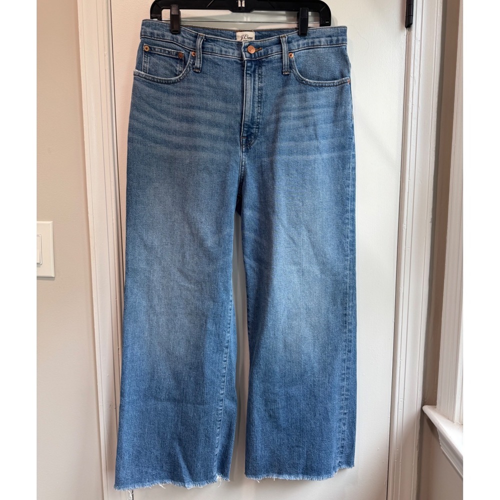 J.Crew Slim Wide Leg Jeans Womens 30 Medium Blue Wash Raw Hem High Rise Denim